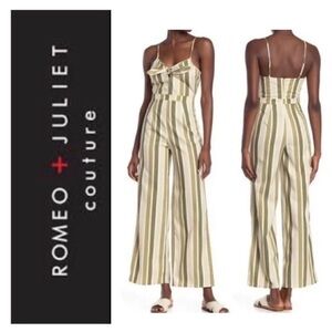 Romeo & Juliet Couture Olive Green Striped Wide Leg Jumpsuit Size Medium NWT
